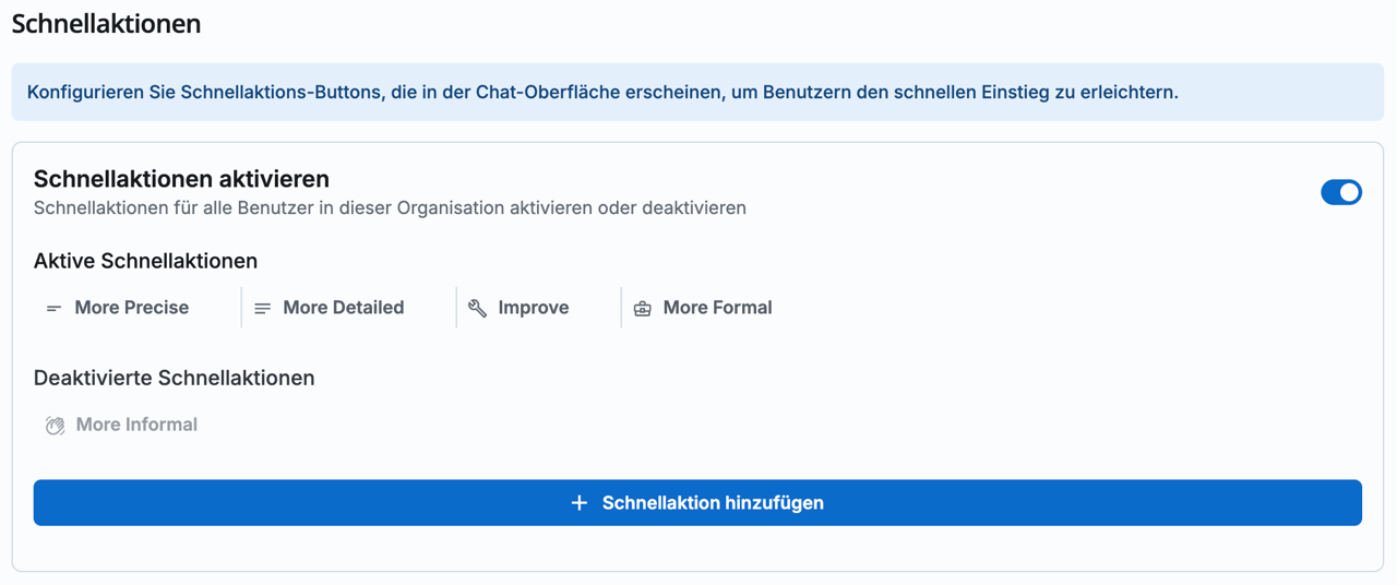 Quick Actions Einstellungen-Oberfläche
