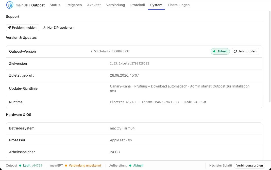 Der Reiter „System“: Supportanfrage und Diagnoseexport, Version und Updatezustand, Betriebssystem, Prozessor und Arbeitsspeicher.