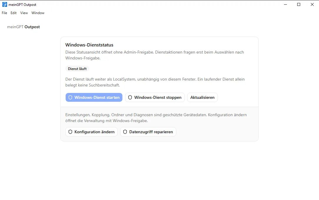 Der Windows-Dienststatus mit „Konfiguration ändern“ als geschützter Aktion; die Statusansicht selbst öffnet ohne Admin-Freigabe.