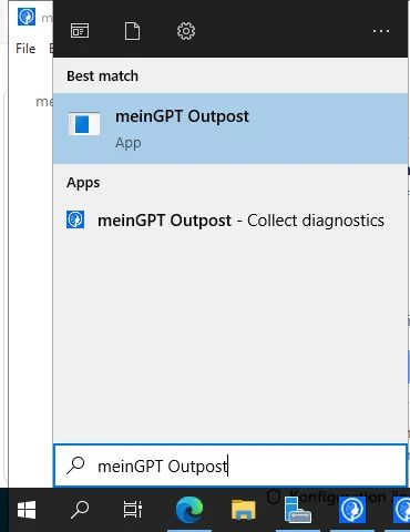 Die Windows-Suche mit den beiden installierten Einträgen „meinGPT Outpost“ und „meinGPT Outpost - Collect diagnostics“.