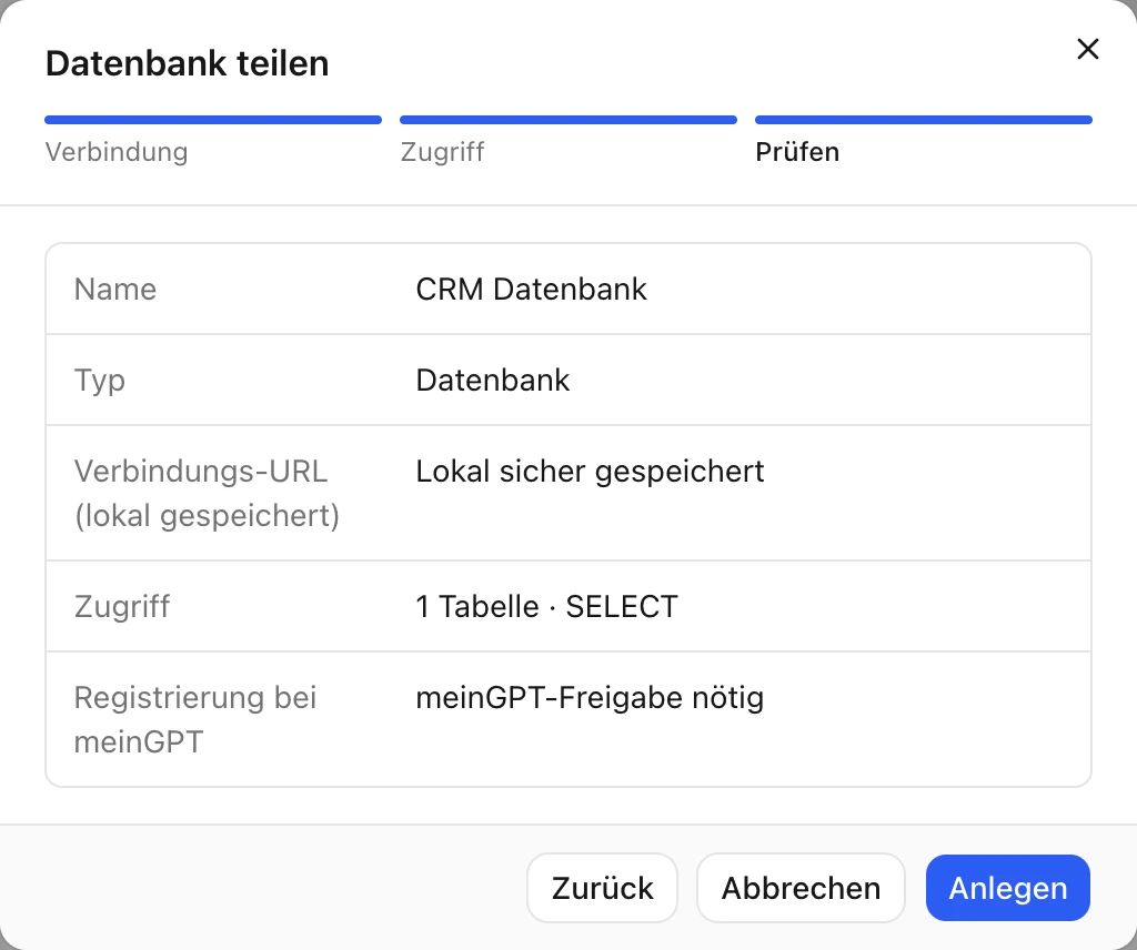 Der Schritt „Prüfen“ für eine Datenbank: Name, Typ, „Lokal sicher gespeichert“ statt der Verbindungs-URL, Zugriff und der Hinweis „meinGPT-Freigabe nötig“.