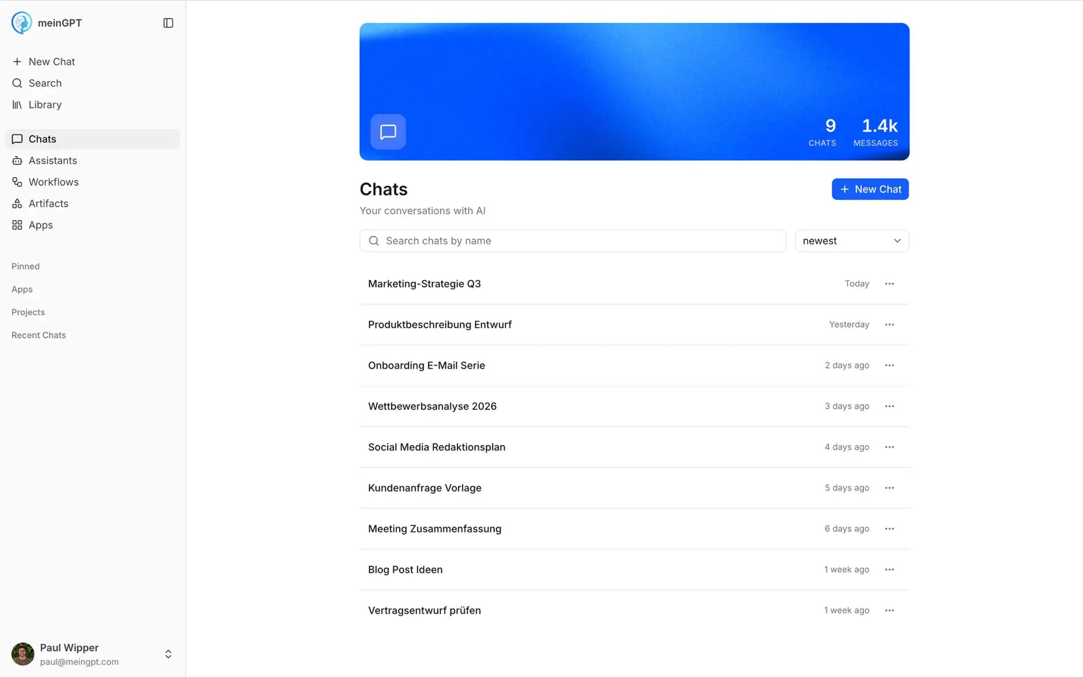 Die MeinGPT-Oberfläche mit Chats, Assistenten und Workflows