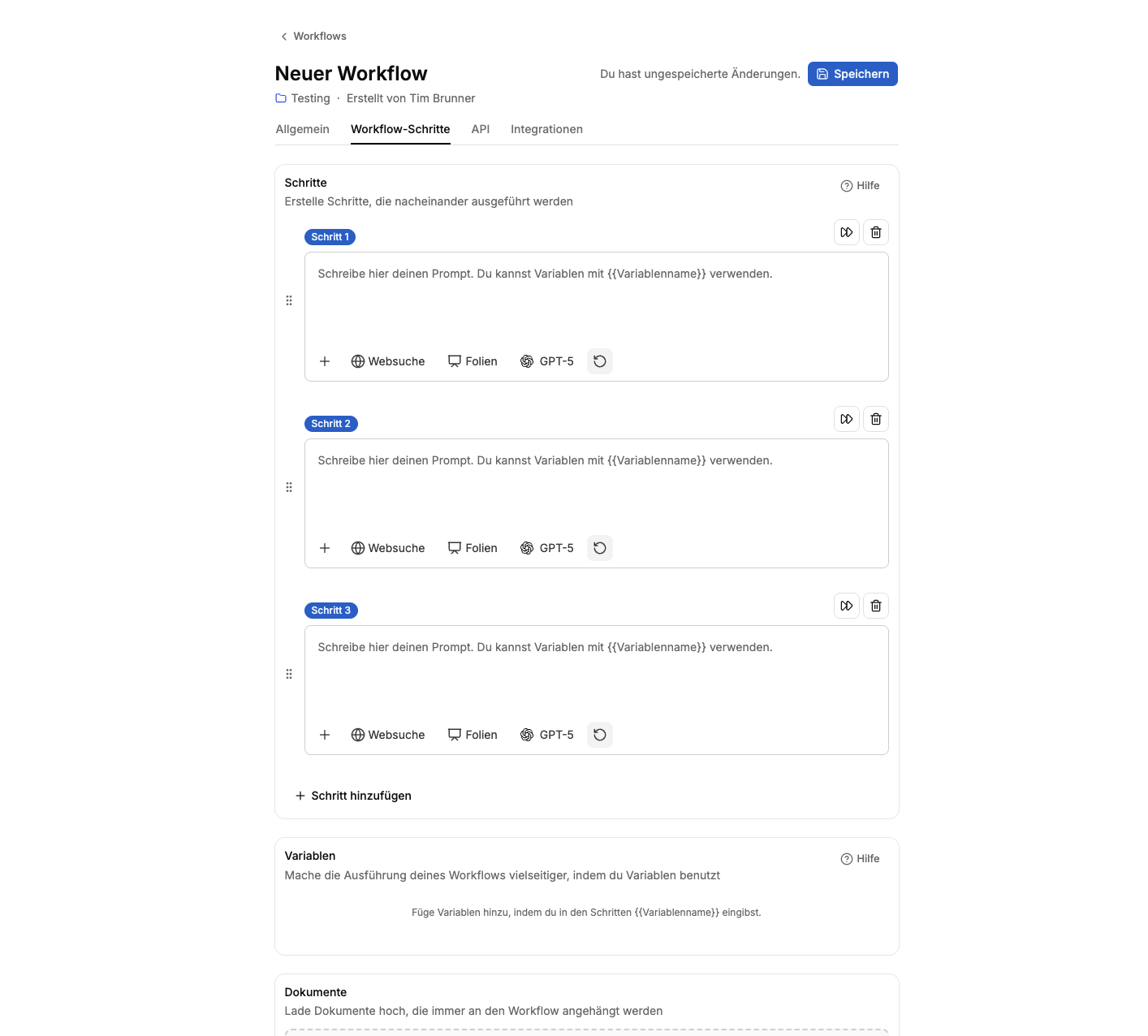 Mehrere Schritte eines Workflows in MeinGPT